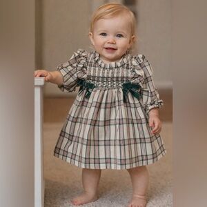 NWT Bonnie Baby Cream Plaid Dress with Green Bows